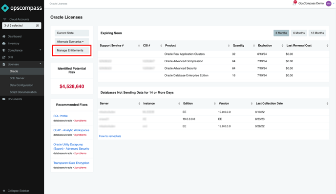 Oracle Licenses page with the top left card highlighted. This card has three buttons: Current State, Alternate Scenarios, and Manage Entitlements