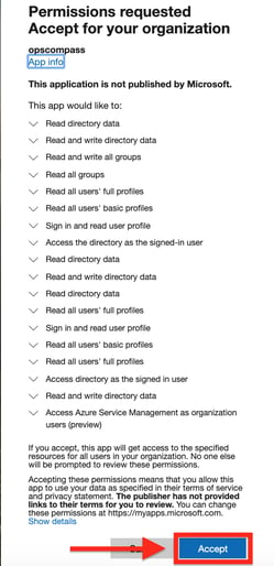 Image of the Azure permission request modal.