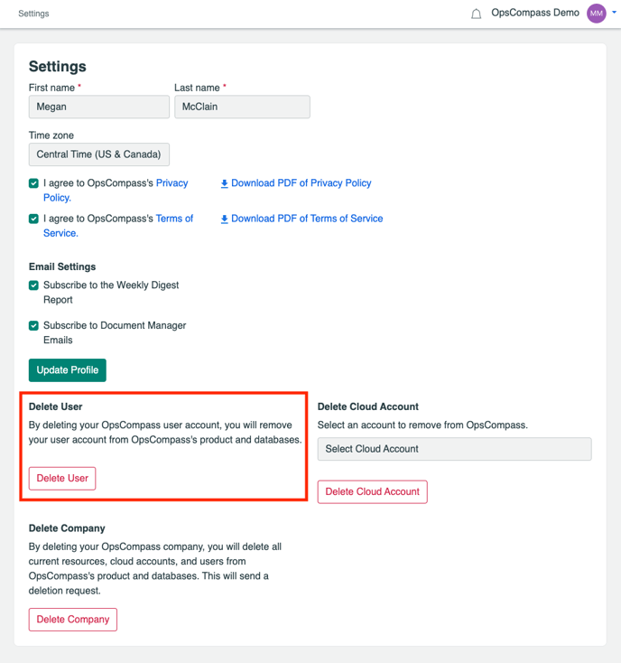 Image of user settings highlighting the delete user function