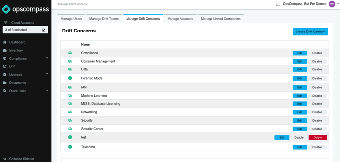 This web interface shows five tabs at the top listing the different admin sections. Manage Drift Concerns is the tab currently highlighted with a blue border.