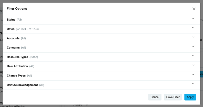 The drift filters include: status, date range, accounts, concerns, resource types, user attribution, change types, and drift acknowledgement.