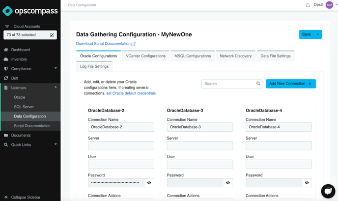 A dark flyout on the left side of the page is expanded with a highlight on a page that says Data Configuration. The body of the page to the right consists of cards with fields for users to enter their Oracle server configurations.