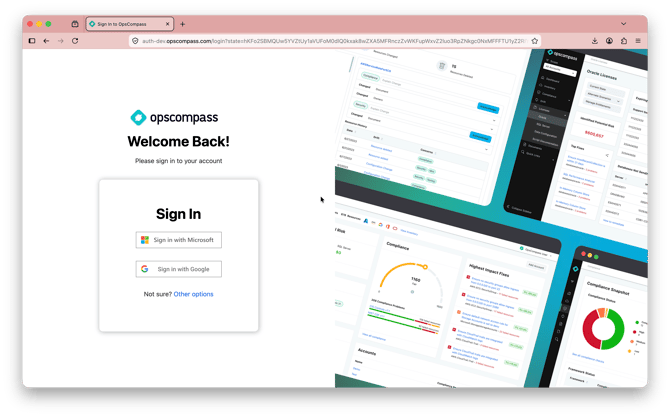 Browser login for Opscompass featuring Microsoft and Google sign in methods.