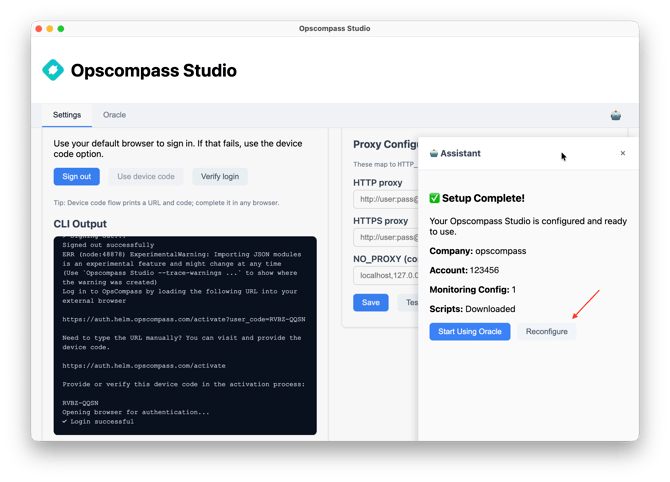 Studio assistant has two buttons. One is to start using Oracle and the other is Reconfigure.