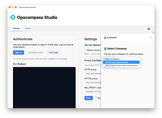 Opscompass studio assistant uses a dropdown selection listing all user companies.