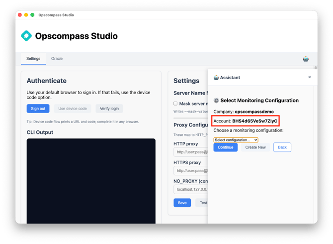 Below the selected company, the Studio assistant lists the account. This is highlighted in the image.