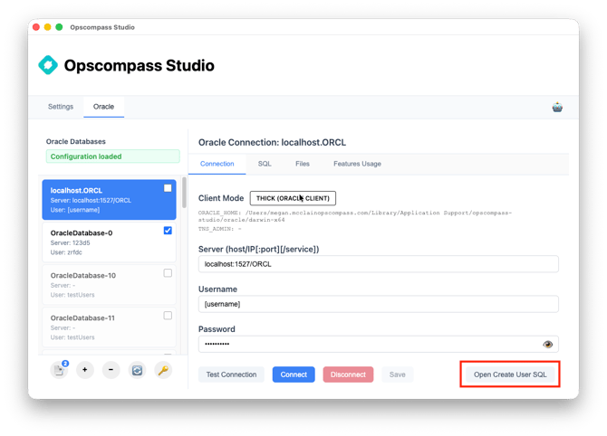 open create user sql button is highlighted