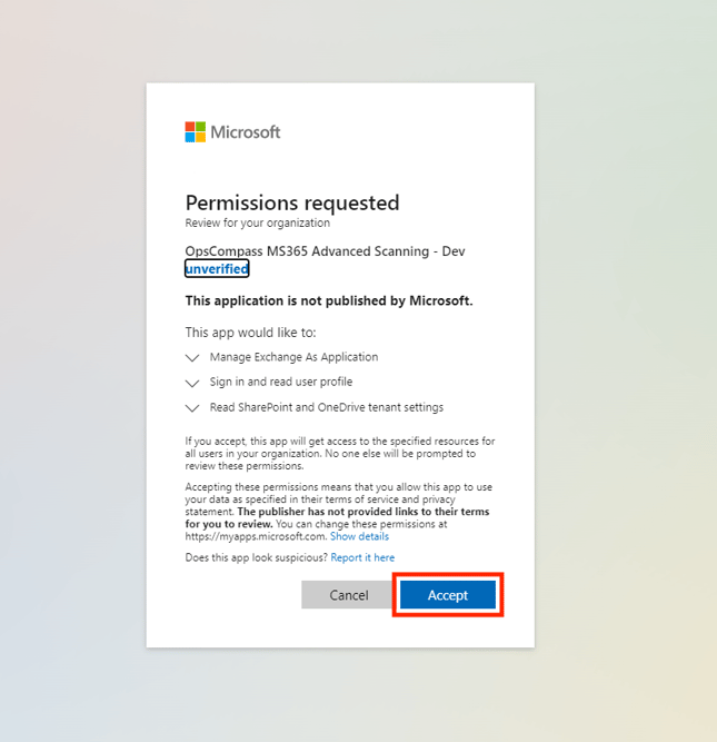 Image of the microsoft permission request.