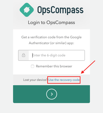 Image of opscompass login with a link to use the recovery code