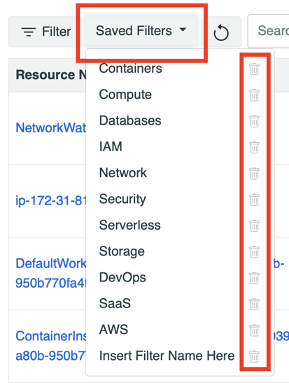 Image of the saved filter dropdown button. Saved filters show a trash icon next to each one.