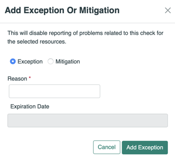 Image of add exception or mitigation modal