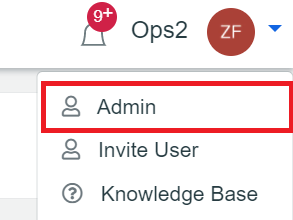 Image of the top right menu dropdown with admin selected