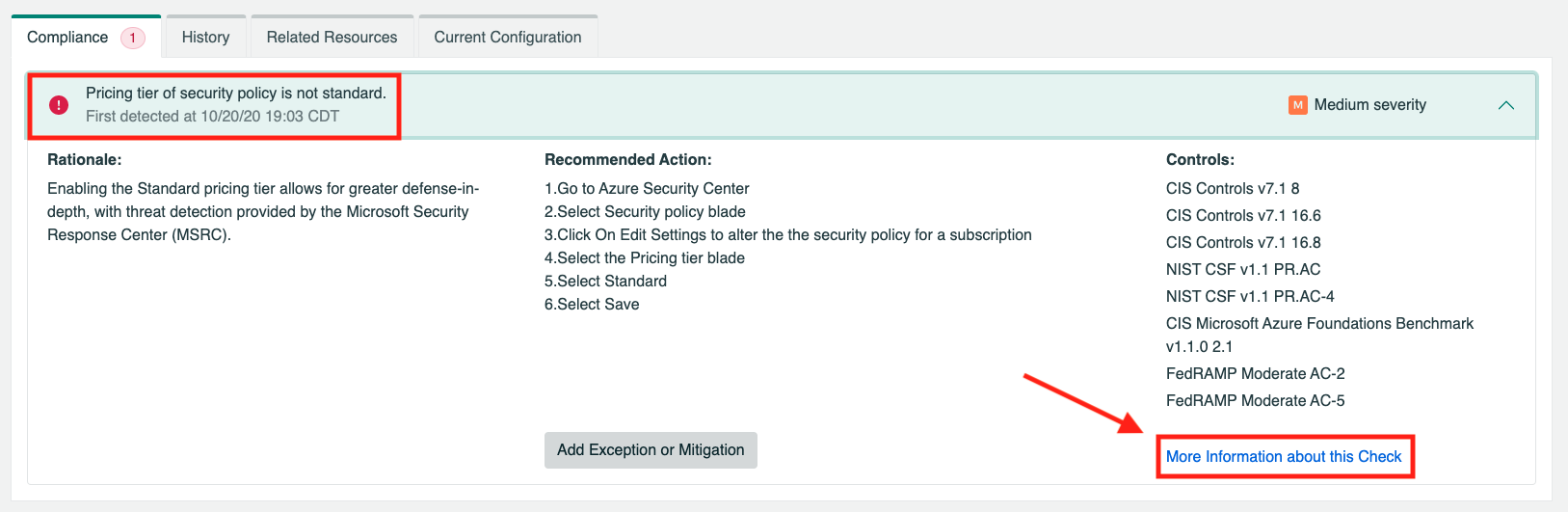 Image of a resource compliance tab highlighting "more information"