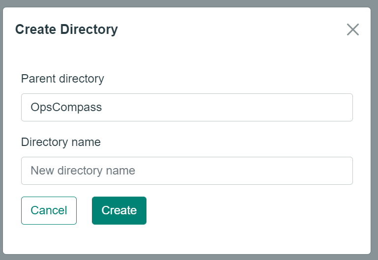 Image of the create directory modal where you identify the parent directory and new directory name.
