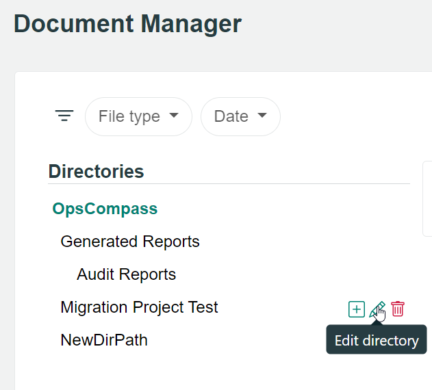 Image of the document manager with a cursor hovered over the pencil icon that reads as edit directory,