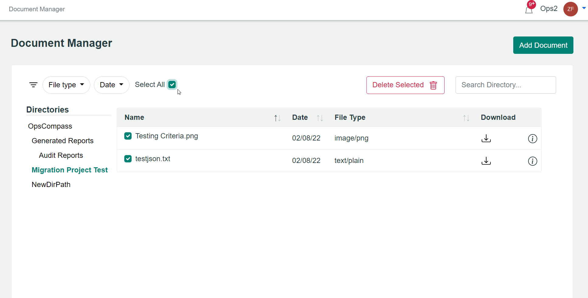 Image of the document manager with the documents selected with checkboxes.
