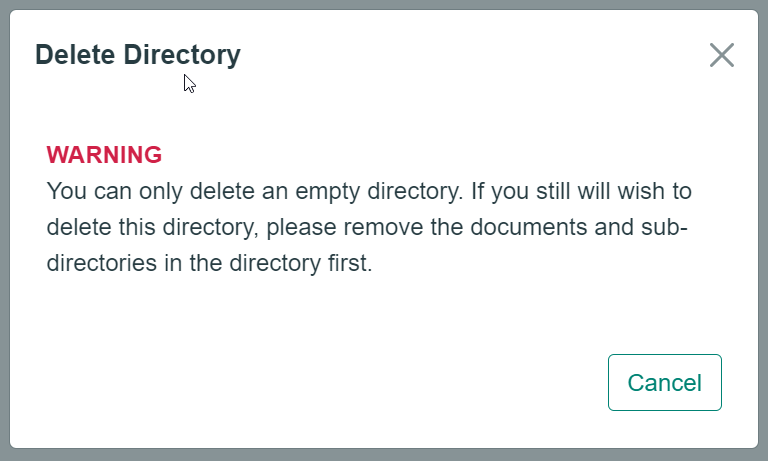 Image of the delete directory modal showing a warning.