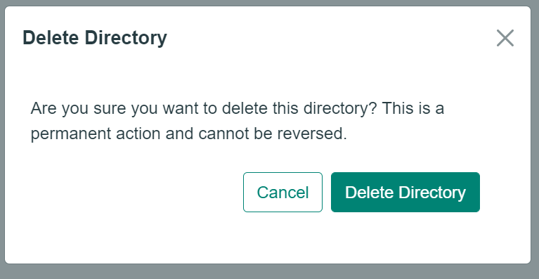 Image of the delete directory modal with the capability to delete directory.