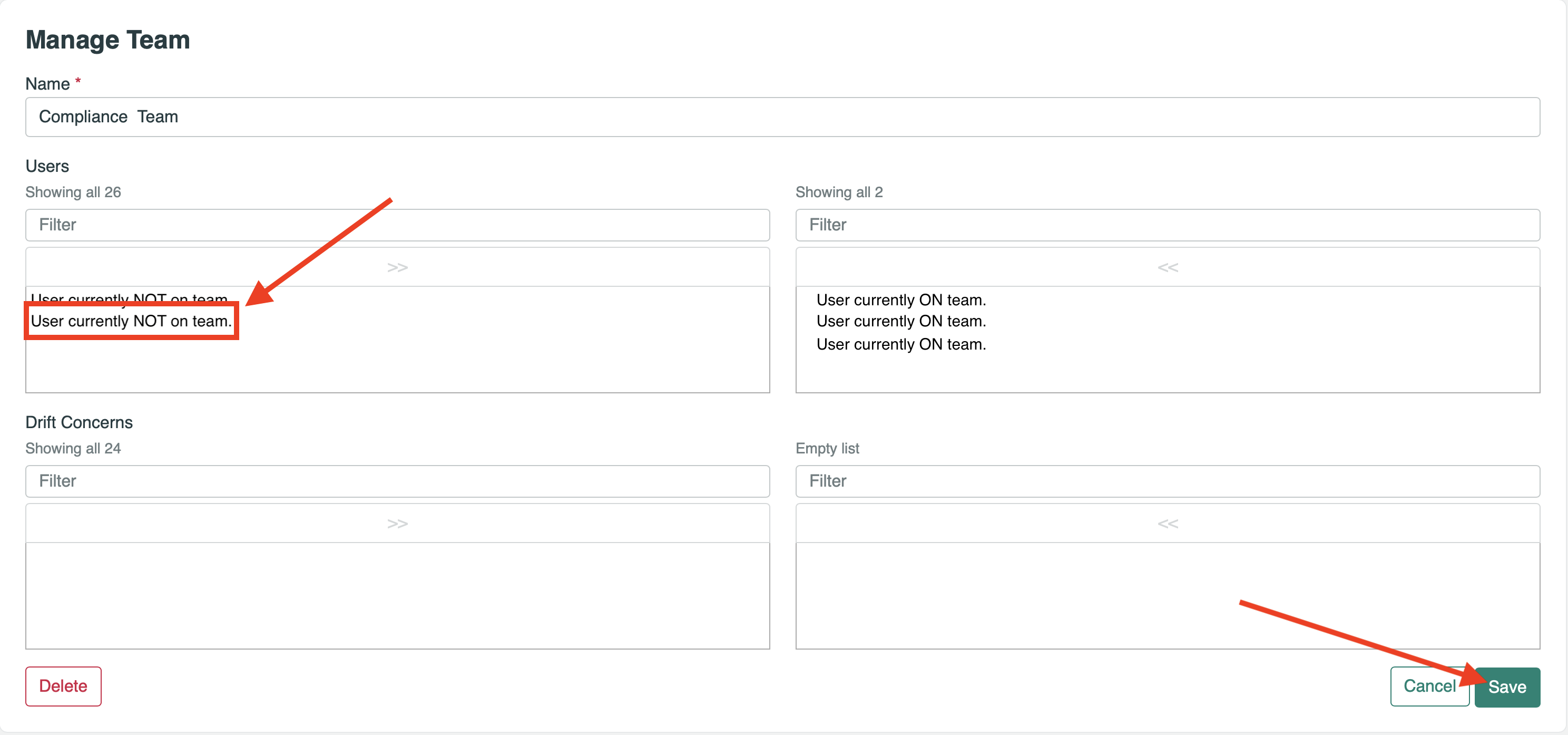 Image of Manage teams page.