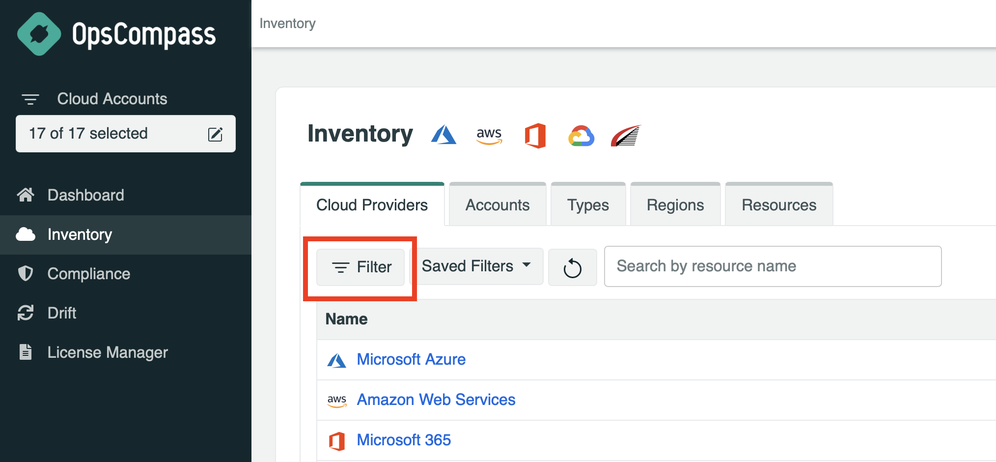 Image of the inventory page highlighting the filter button