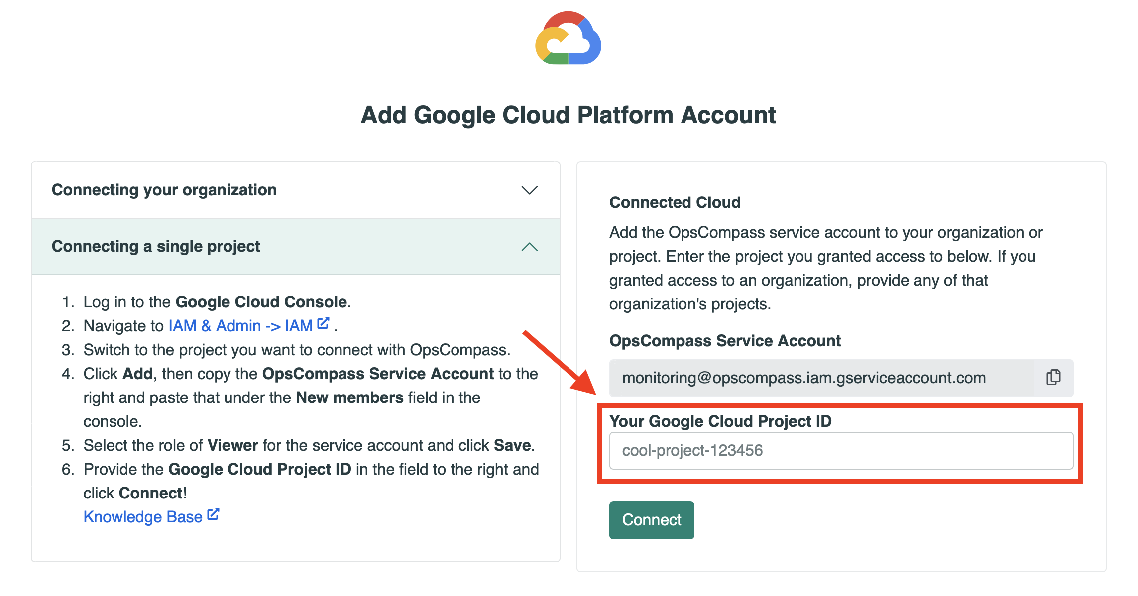 Image of the add Google Cloud Platform Account page