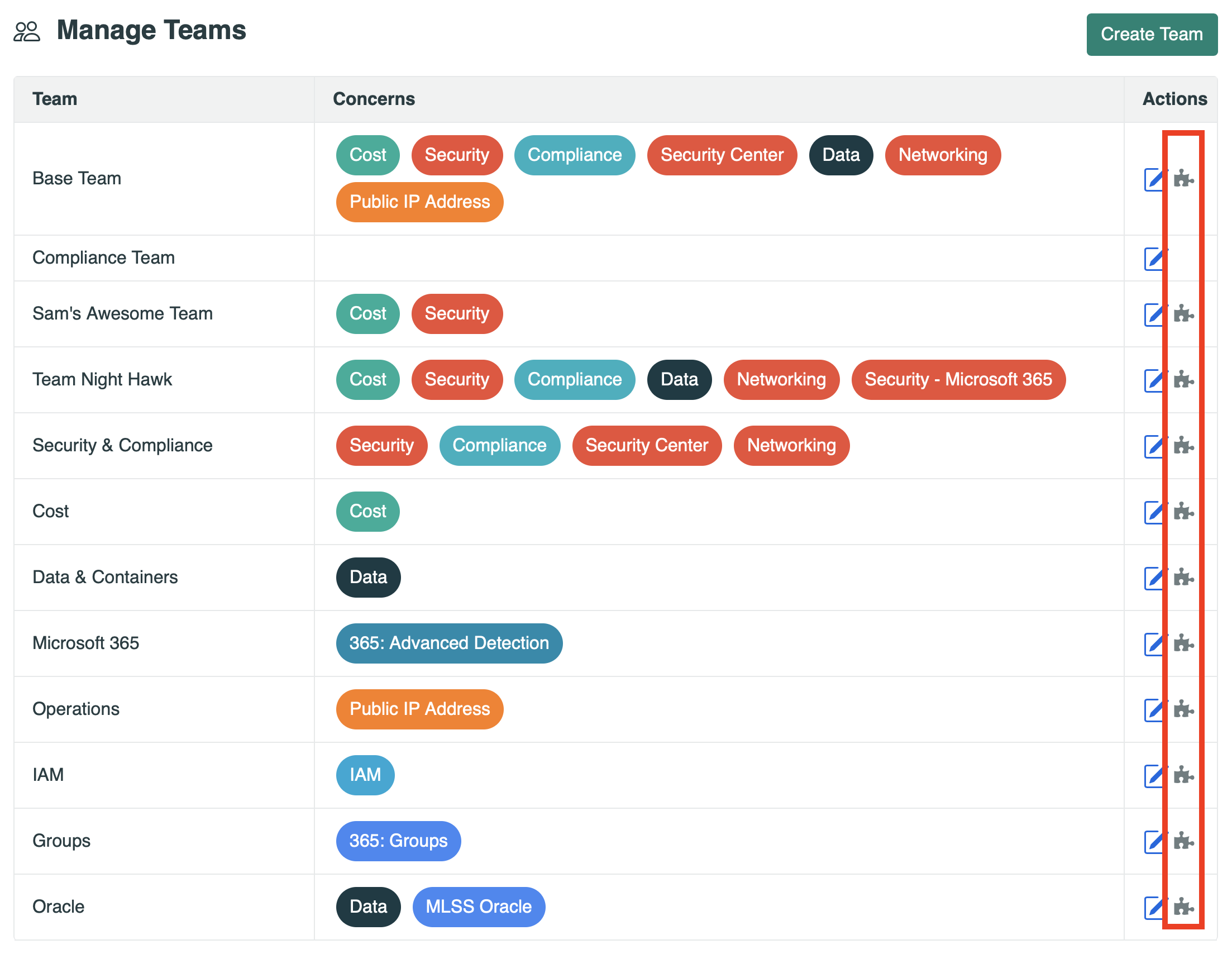 Image of manage teams page