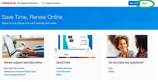 The Oracle "My Support Renewals" site landing page. "Sign in" is highlighted in the top-right between "New user?" and a shopping cart icon.